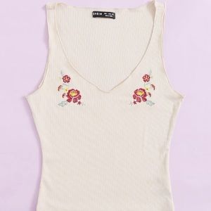 Beige Floral Embroidered Rib-Knit Tank Top